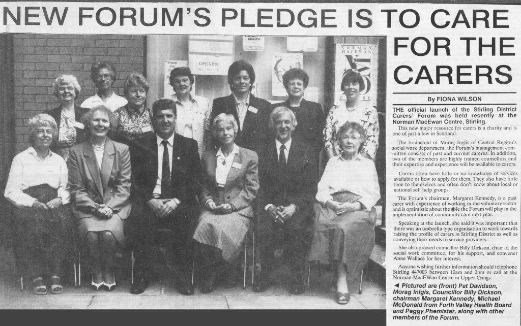 First newspaper article about Stirling Carers Centre