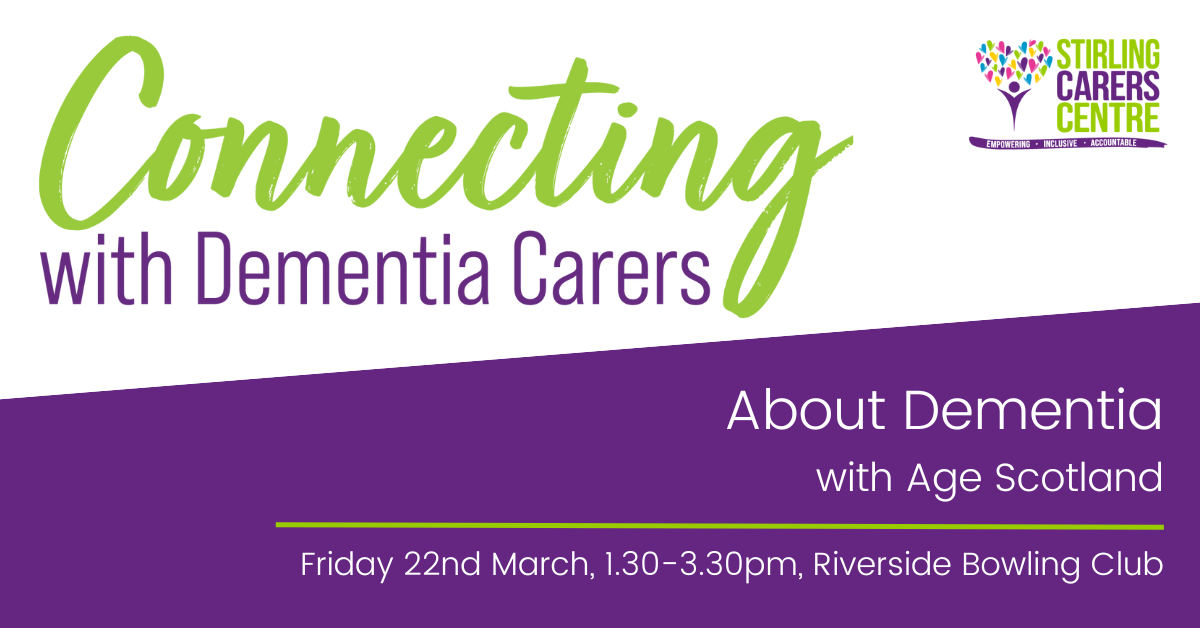 Sure, here's the refined information about the Connecting with Dementia Carers event:Event Details:
- Date: October 21, 2023
- Time: 10:00 AM to 3:00 PM
- Location: Stirling Community Center
- Sponsors: Stirling Carers Centre and Age Scotland