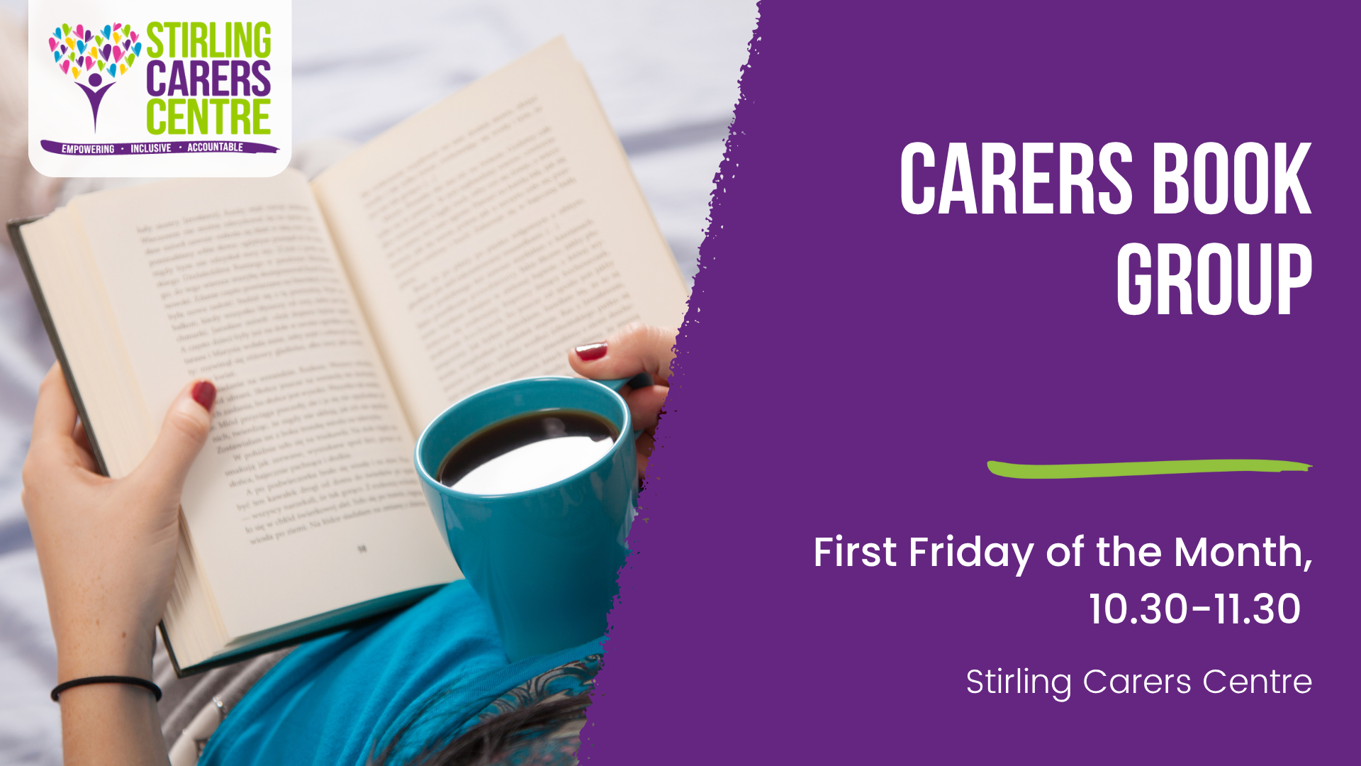 Person holding an open book and blue mug, with overlay text promoting a Carers Book Group at Stirling Carers Centre.
