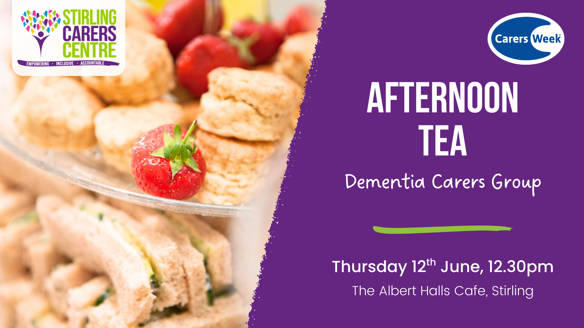 A plate of scones and strawberries next to text promoting an afternoon tea for a dementia carers group.
