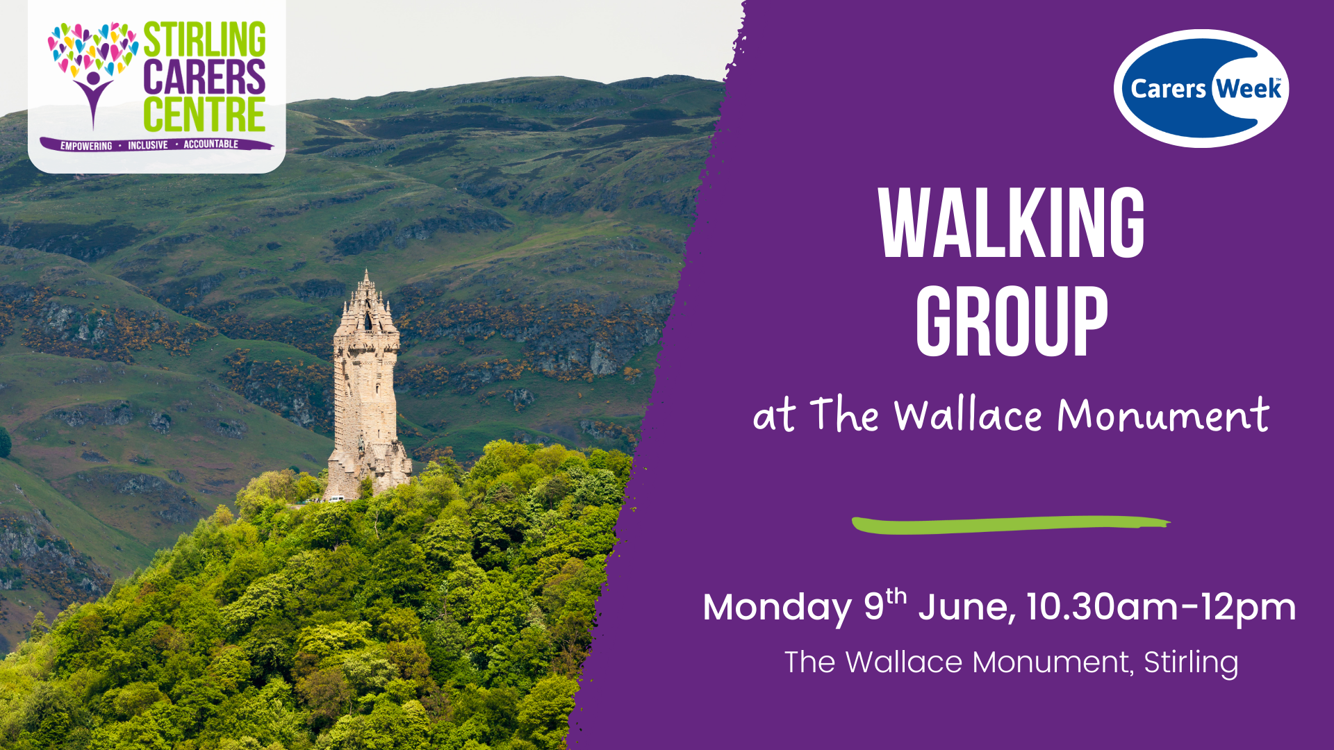 Poster for a walking group at The Wallace Monument 9th June, 10:30am–12pm Organized by Stirling Carers Centre.