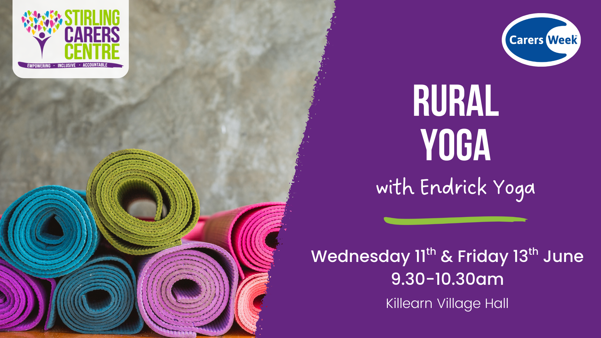 Colourful rolled yoga mats beside a purple panel with Rural Yoga class details for Carers Week at Killearn Village Hall.