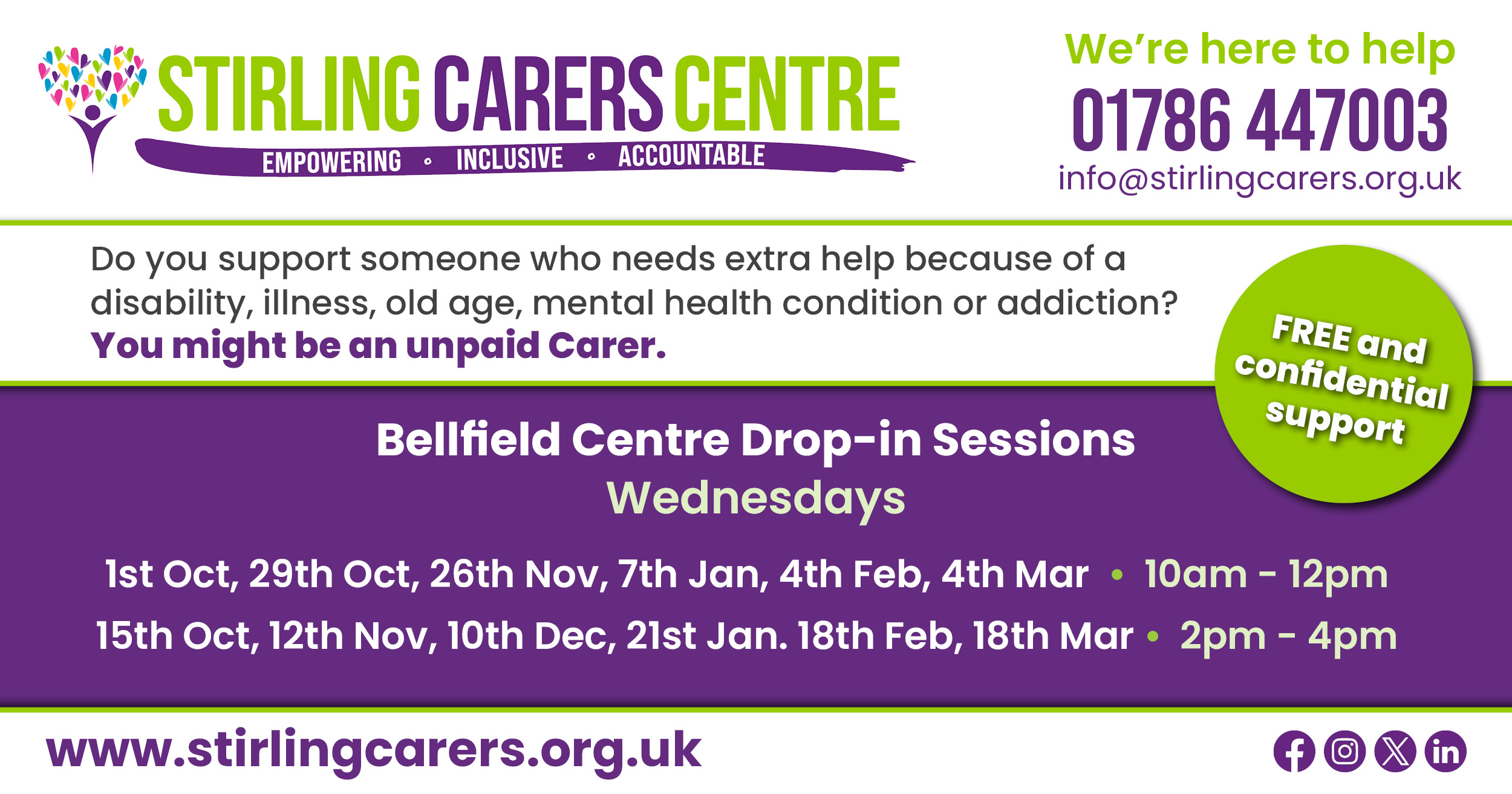 Stirling Carers Centre flyer listing drop-in session dates, times, and contact information.