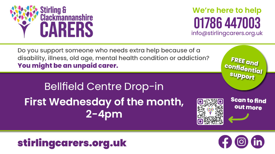 A flyer for the Stirling & Clackmannanshire Carers drop-in event displays event information, contact details, a QR code, and details of available support.