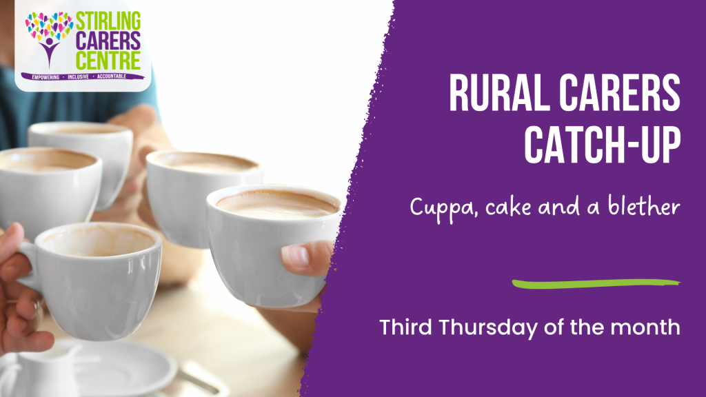 Four people clink coffee cups, alongside text announcing a rural carers catch-up on the third Thursday of every month.