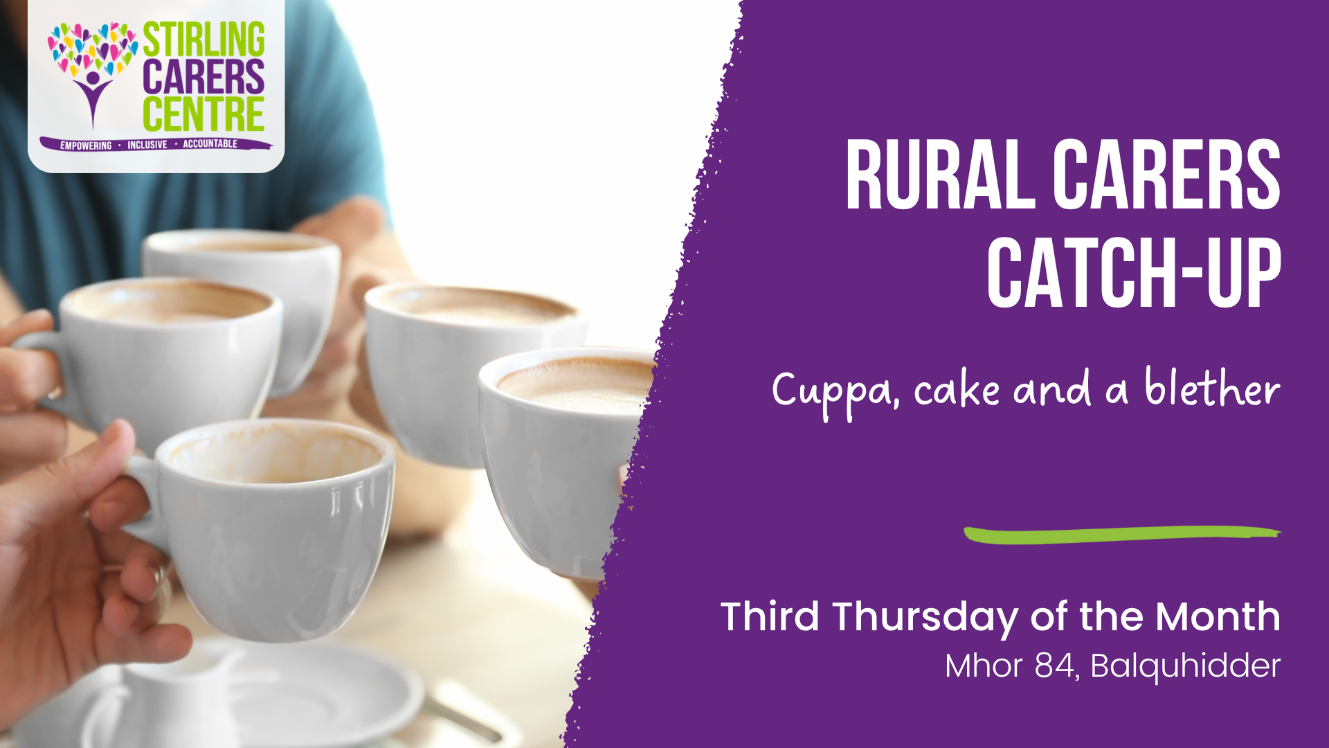 Four hands holding coffee cups surround text promoting the Rural Carers Catch-Up event for Stirling Carers Centre.