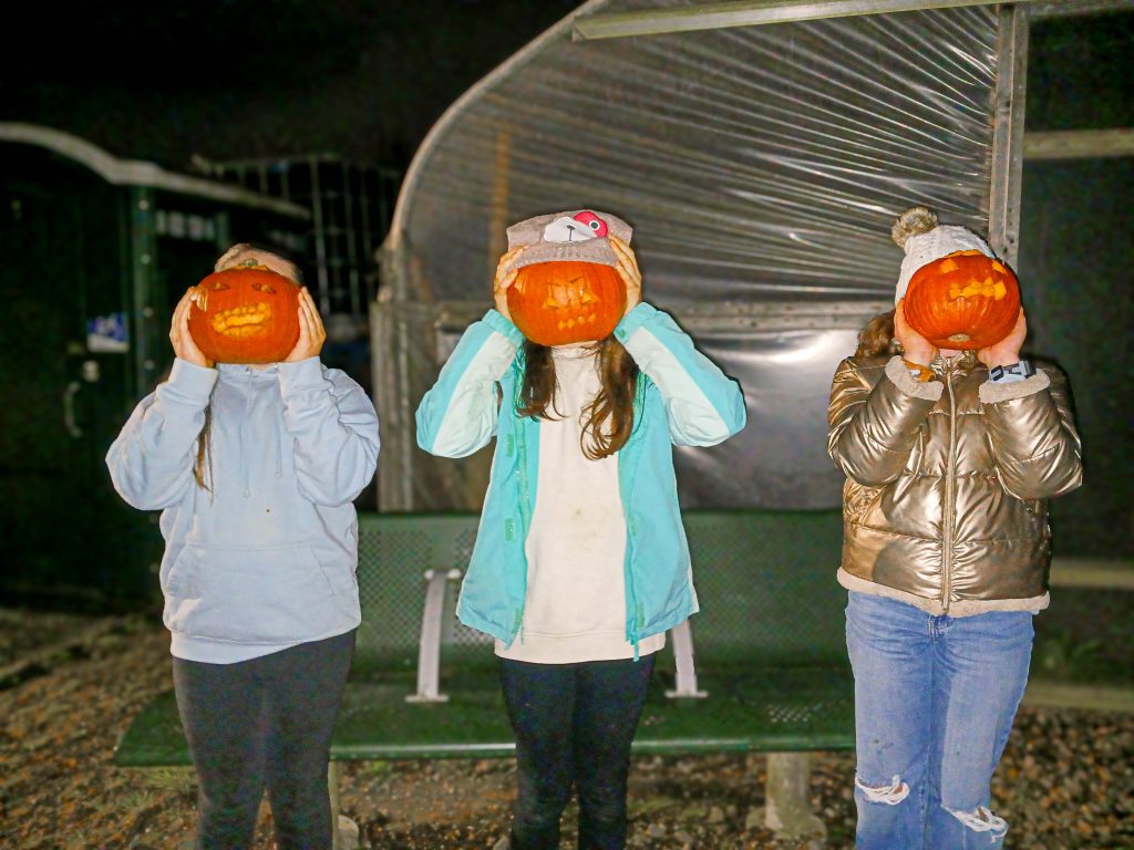 Three people stand outdoors at night holding carved jack-o'-lanterns over their faces.