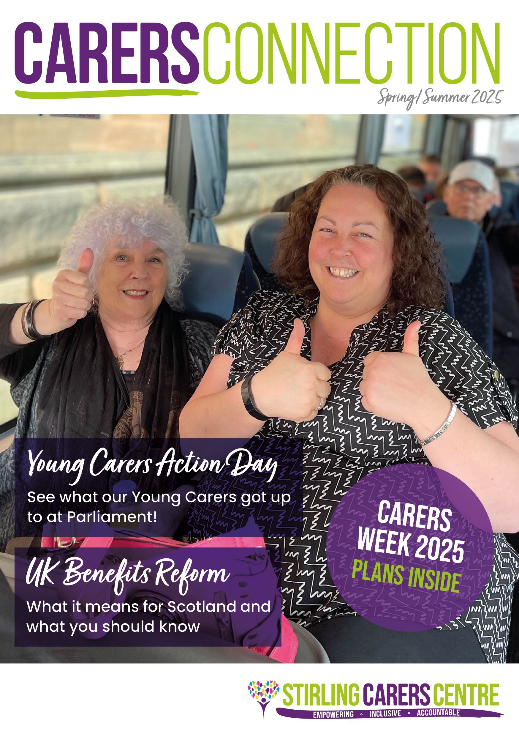 Two smiling women give thumbs up while sitting on a bus on the cover of a carers newsletter.