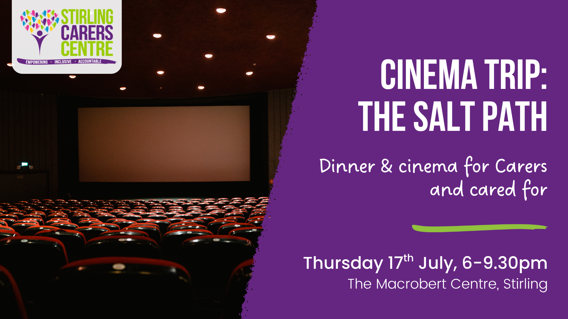 A cinema with empty red seats faces a screen displaying an advertisement for a carers' dinner and film night in Stirling.