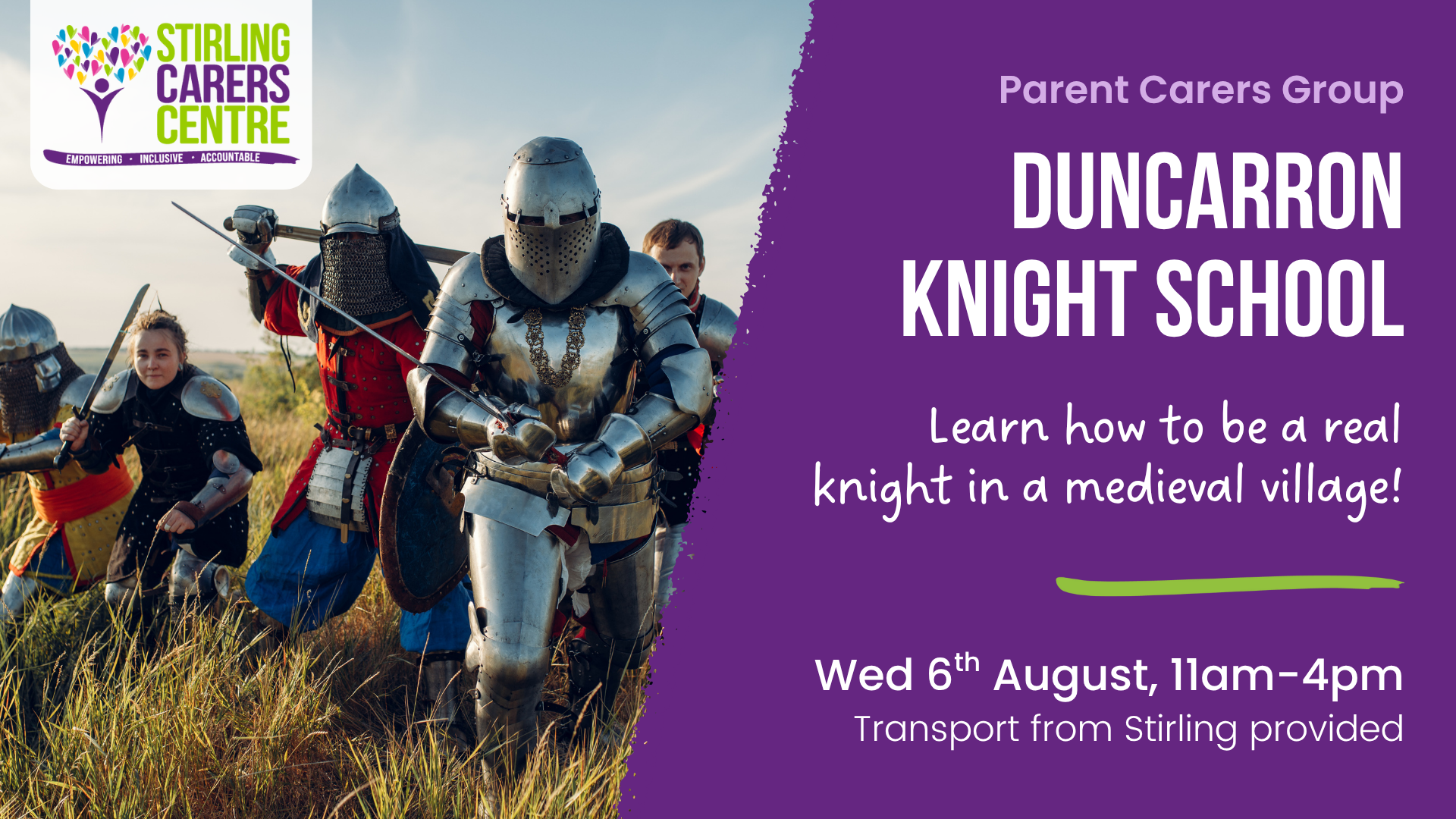 A group in medieval armor walks through grass with event text reading Duncarron Knight School, 6th August, 11am–4pm.