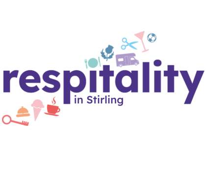 Text respitality in Stirling with icons of food, drink, a truck, scissors, and a key arranged above the text.