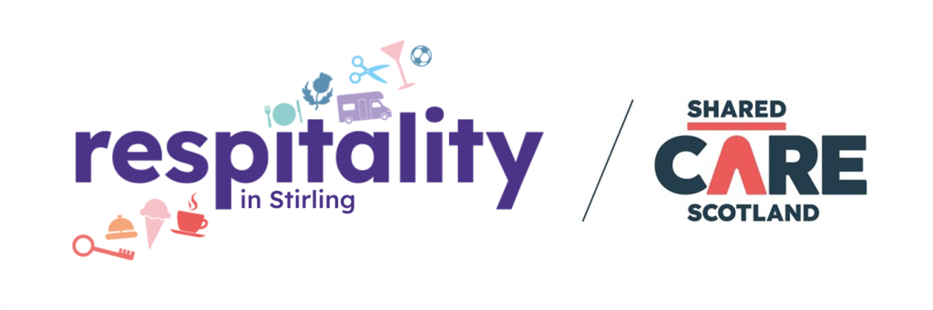 Respitality in Stirling and Shared Care Scotland logos with icons of bowling, cycling, cinema, dining, yoga, and walking above the text.