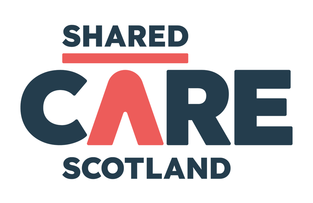 Shared Care Scotland logo with bold navy and coral text, featuring a prominent coral "A" in CARE.