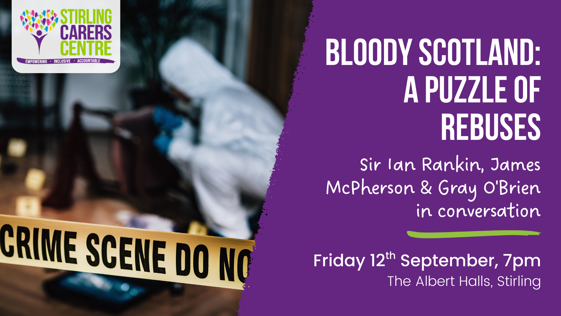 A person wearing protective gear stands behind crime scene tape, with "Bloody Scotland" event details displayed to the right.