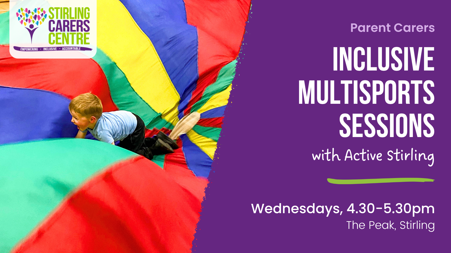 A boy on a colorful parachute with text promoting inclusive multisports sessions for parent carers in Stirling.