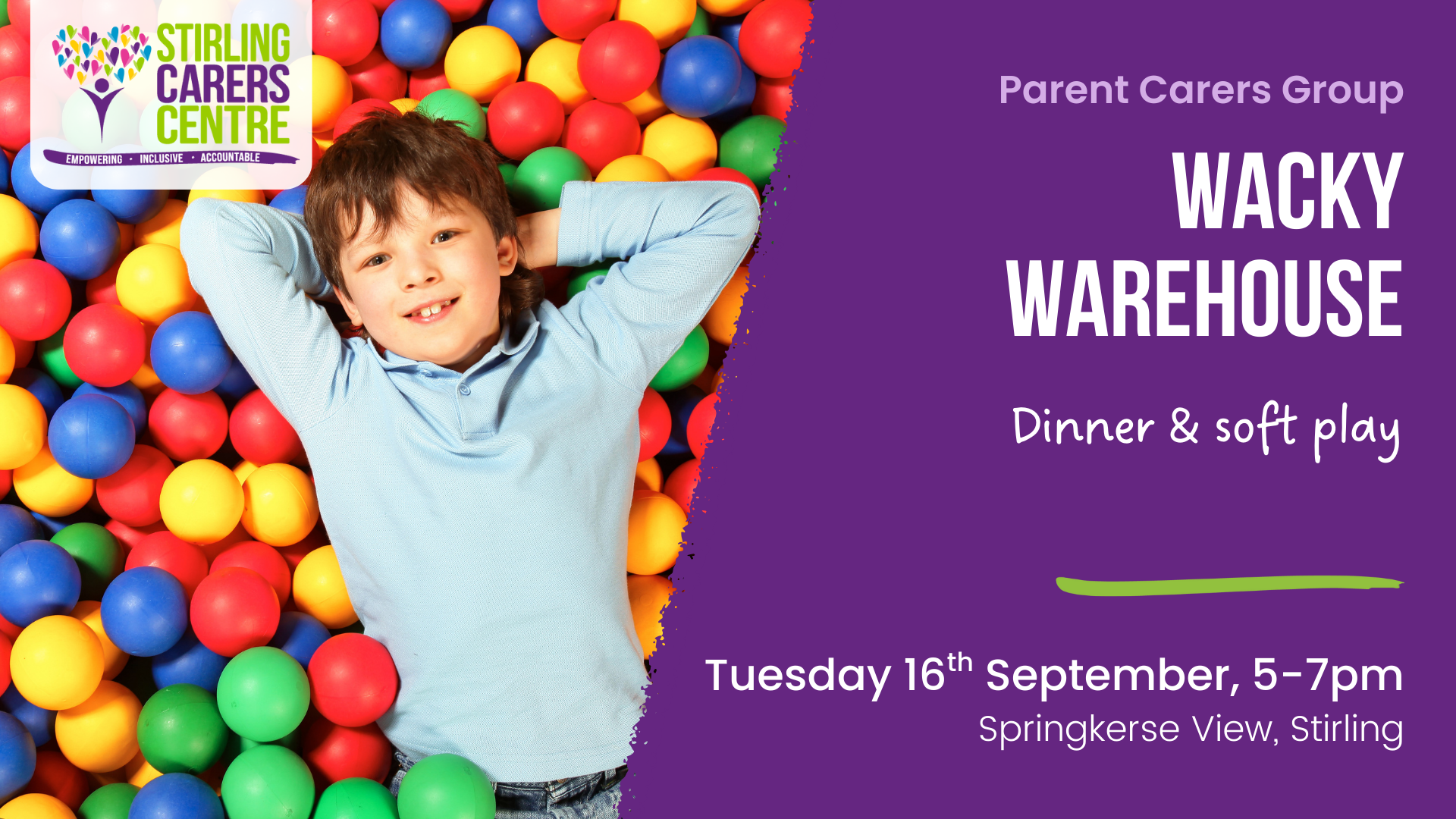 A young boy smiles in a colorful ball pit next to event details for Wacky Warehouse dinner and play night displayed on the right.