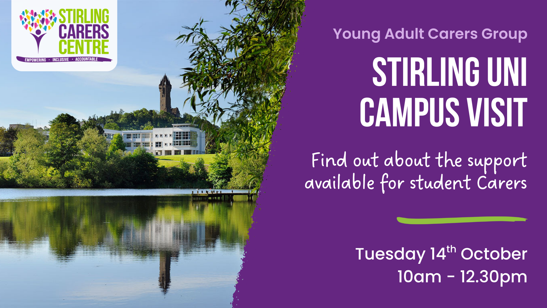 Stirling University campus beside a lake with text detailing a Young Adult Carers Group visit on 14th October, 10am–12.30pm.
