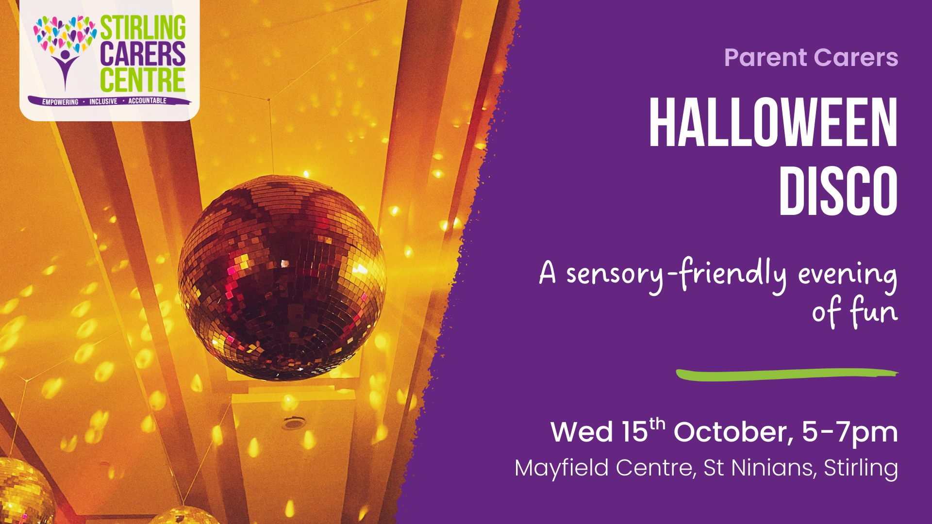 A gold-lit disco ball sparkles above text announcing Halloween Disco on 15 Oct, 5–7pm, at Mayfield Centre in Stirling.