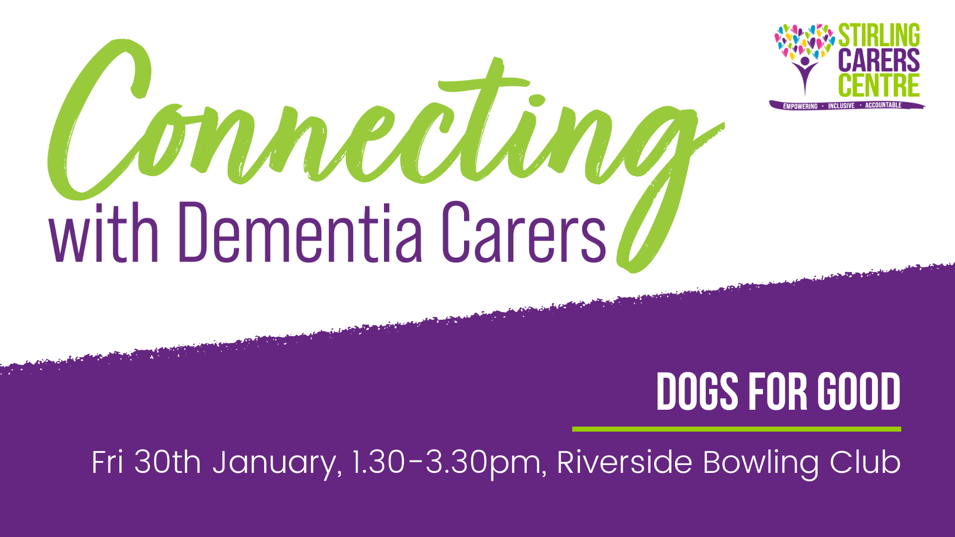 Poster for Connecting with Dementia Carers event on January 30, 1:30–3:30pm at Riverside Bowling Club.