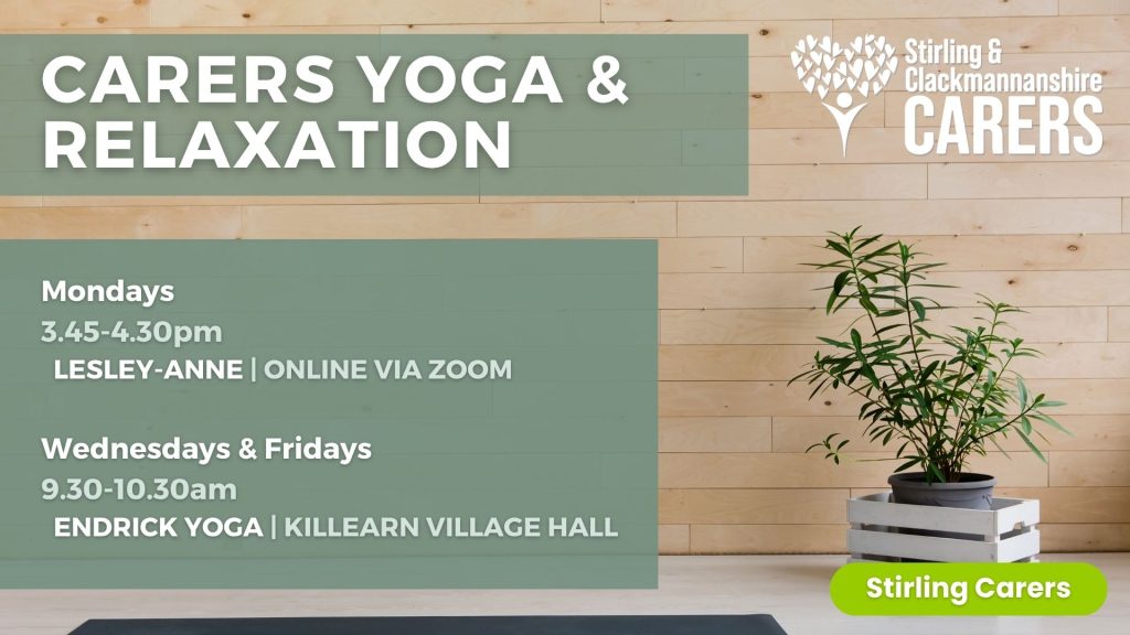 In a studio, a yoga mat and plant are shown with text displaying the carers’ yoga classes timetable.