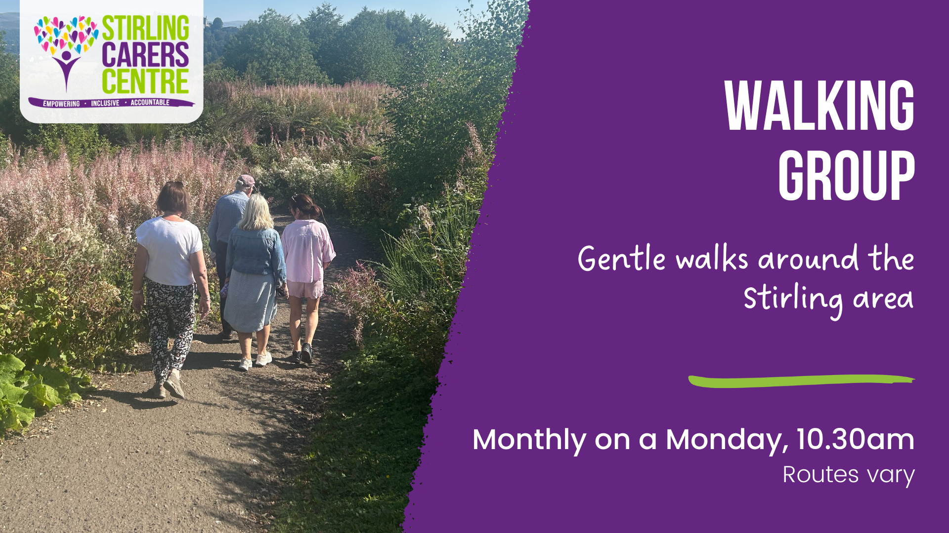 Four people walk along a greenery-lined path with details of the Stirling Carers Centre Walking Group event displayed.