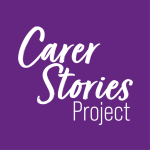 White text on a purple background says Carer Stories Project in both script and sans-serif fonts.