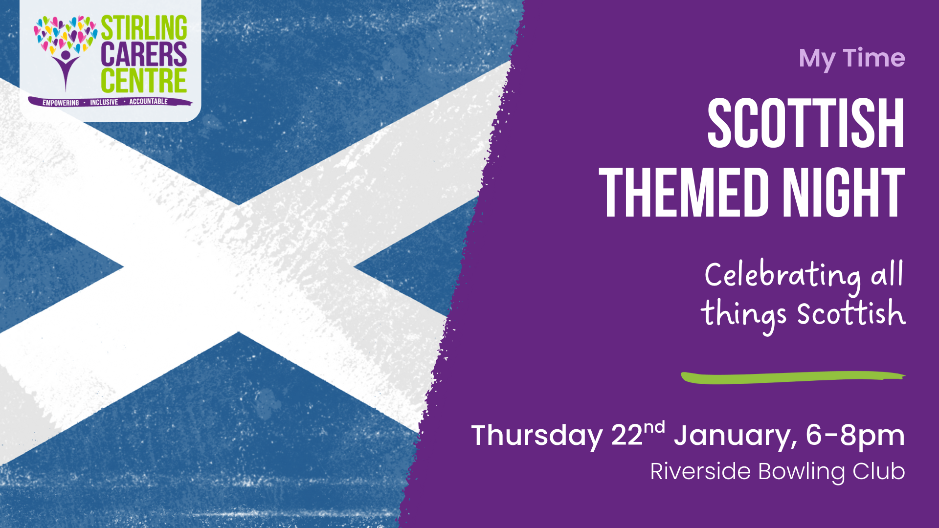 Scottish flag featured on an event poster for Scottish Themed Night, January 22 at Riverside Bowling Club.