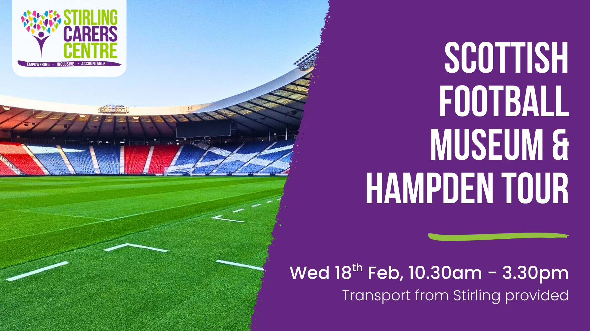 Colorful stadium seats surround signage promoting a Scottish Football Museum and Hampden tour on February 18th.