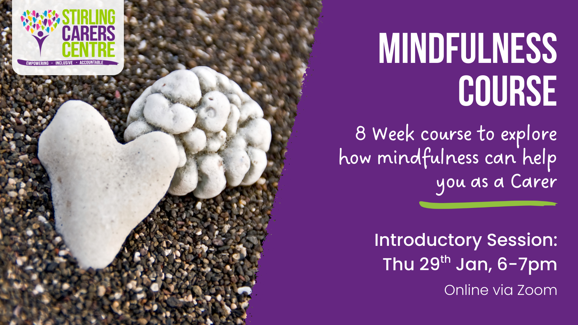 A purple flyer features a heart-shaped stone on the left and Mindfulness Course session details for carers on the right.