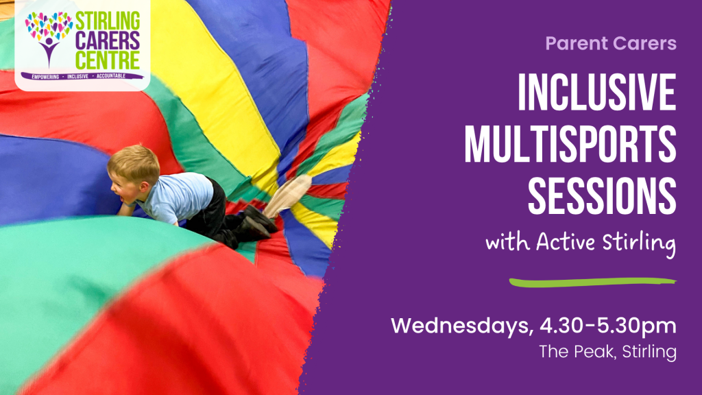 A child plays on a rainbow parachute while text promotes inclusive multisports sessions at The Peak in Stirling.