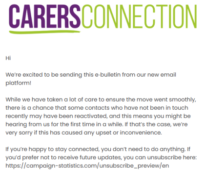 Stirling Carers Centre Carers Connection screenshot announces a new email platform and lists contact details for support services.