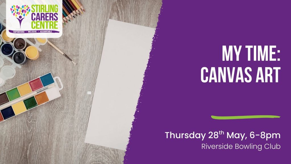 Art supplies and blank paper on a table with event text about My Time: Canvas Art, 28th May, 6–8pm, Riverside Bowling Club.