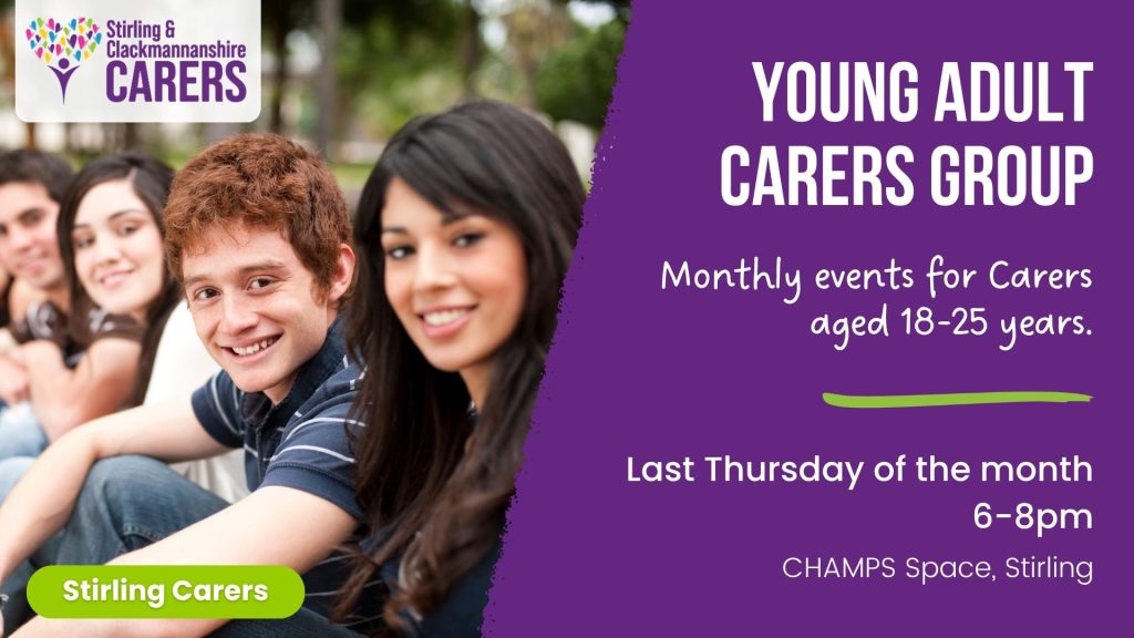 Four young adults are seated outdoors together, advertising a carers' group event for people aged 18 to 25 in Stirling.