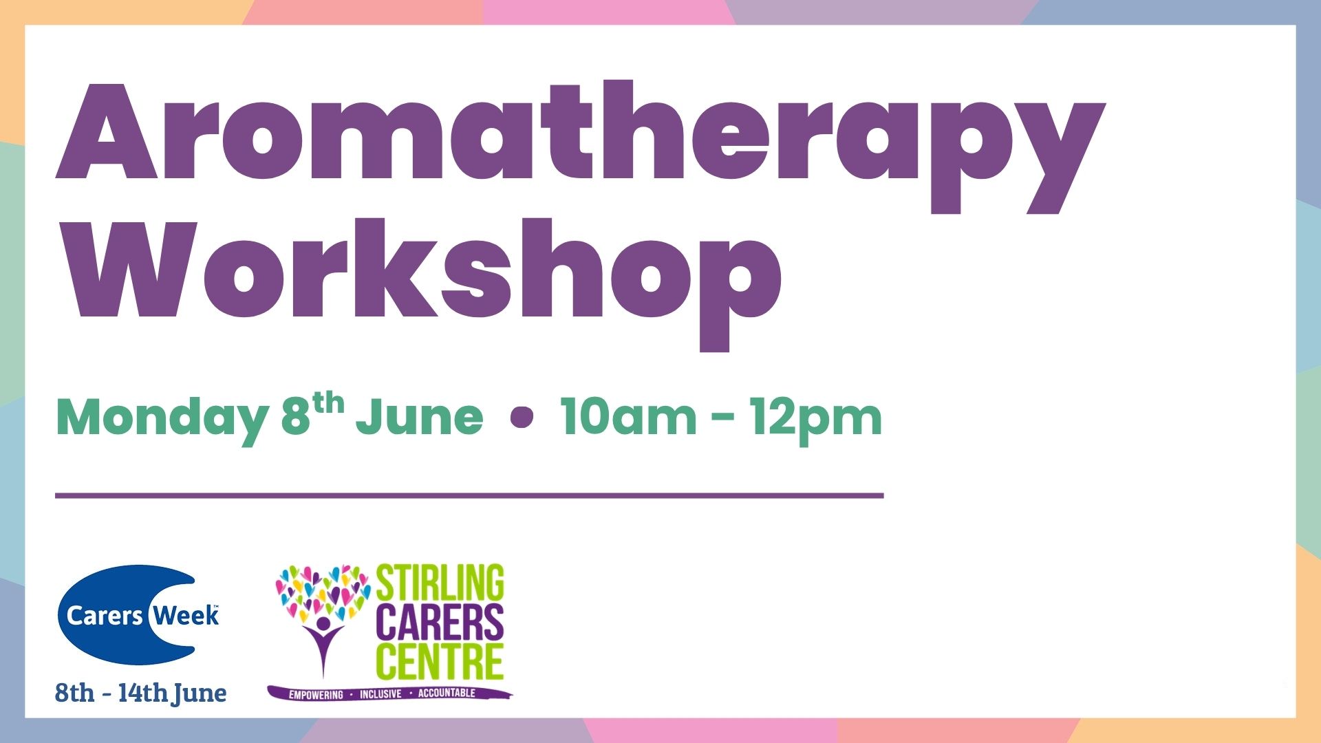 Information about an Aromatherapy Workshop on Monday 8th June, 10am-12pm at Stirling Carers Centre for Carers Week.