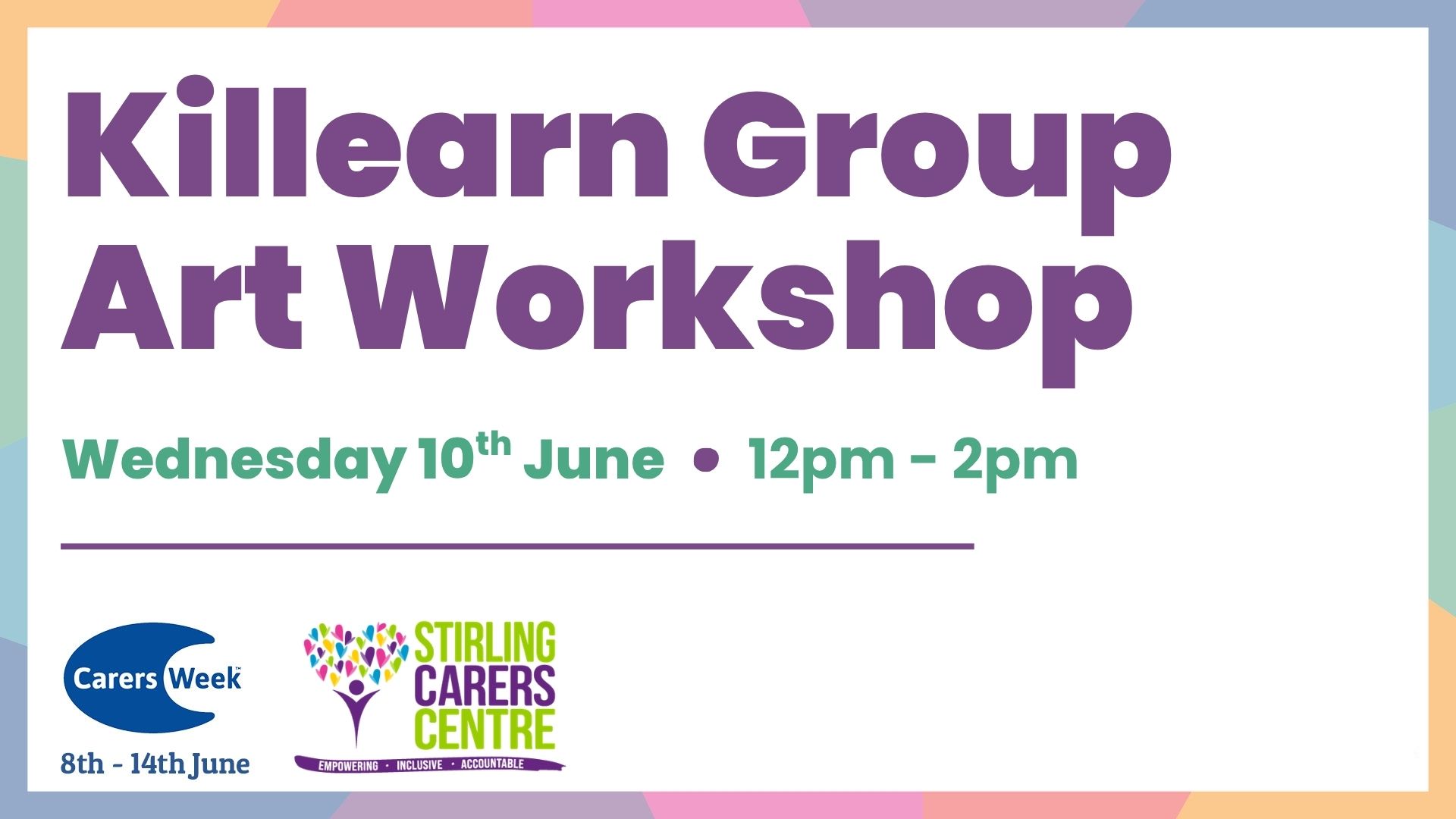 Killearn Group Art Workshop details with date and time, Carers Week mention, and Stirling Carers Centre logo featured.