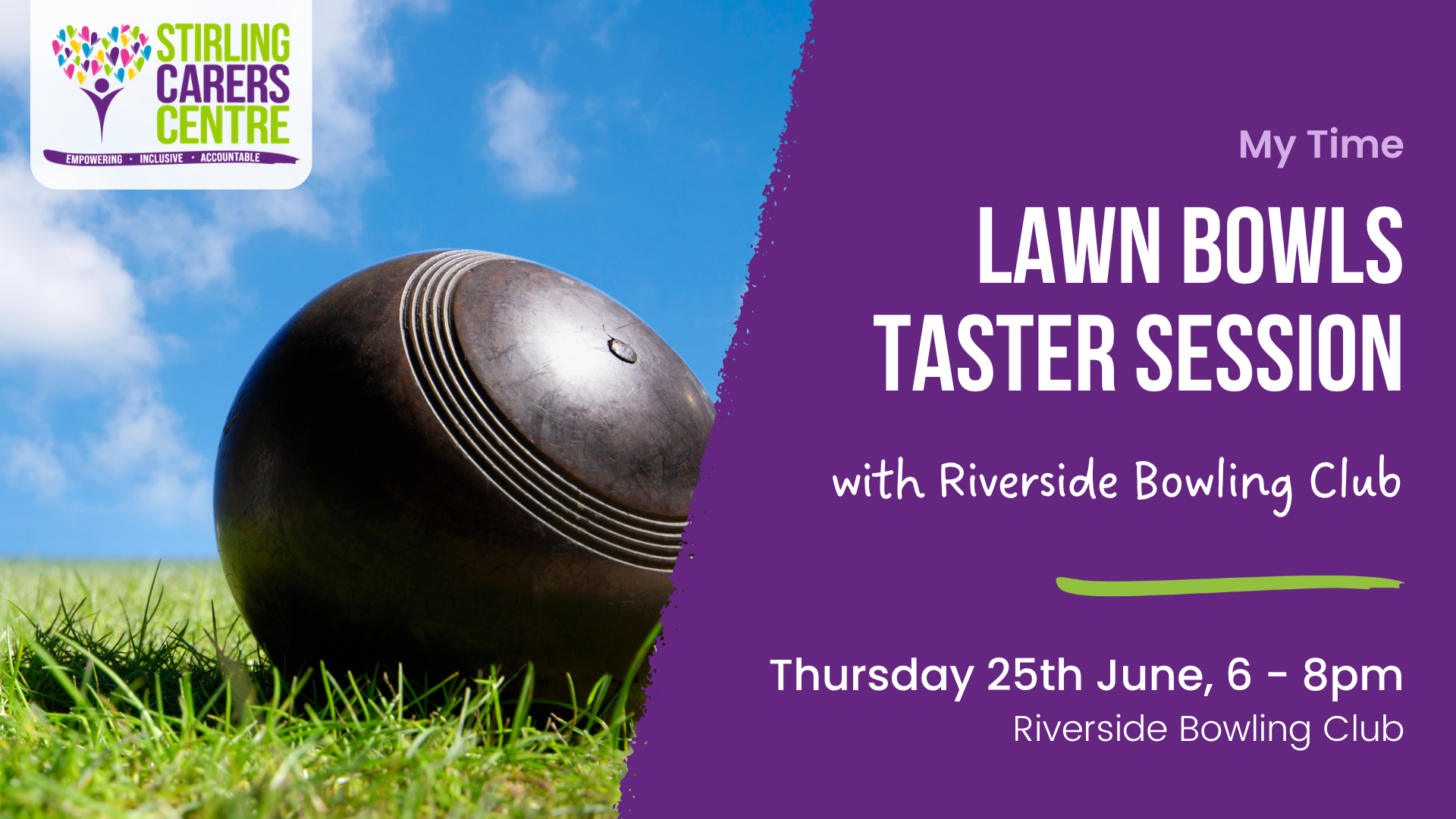 A lawn bowl sits on grass with overlaid text announcing Lawn Bowls Taster Session, 25 June, 6–8pm at Riverside Bowling Club.