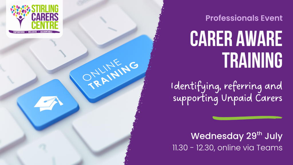 Carer Aware Training event details on the right, keyboard and online training button displayed on the left side of the image.