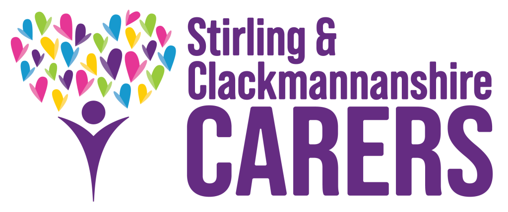 Stirling & Clackmannanshire Carers logo featuring a person icon surrounded by smaller colourful hearts forming a large heart shape.