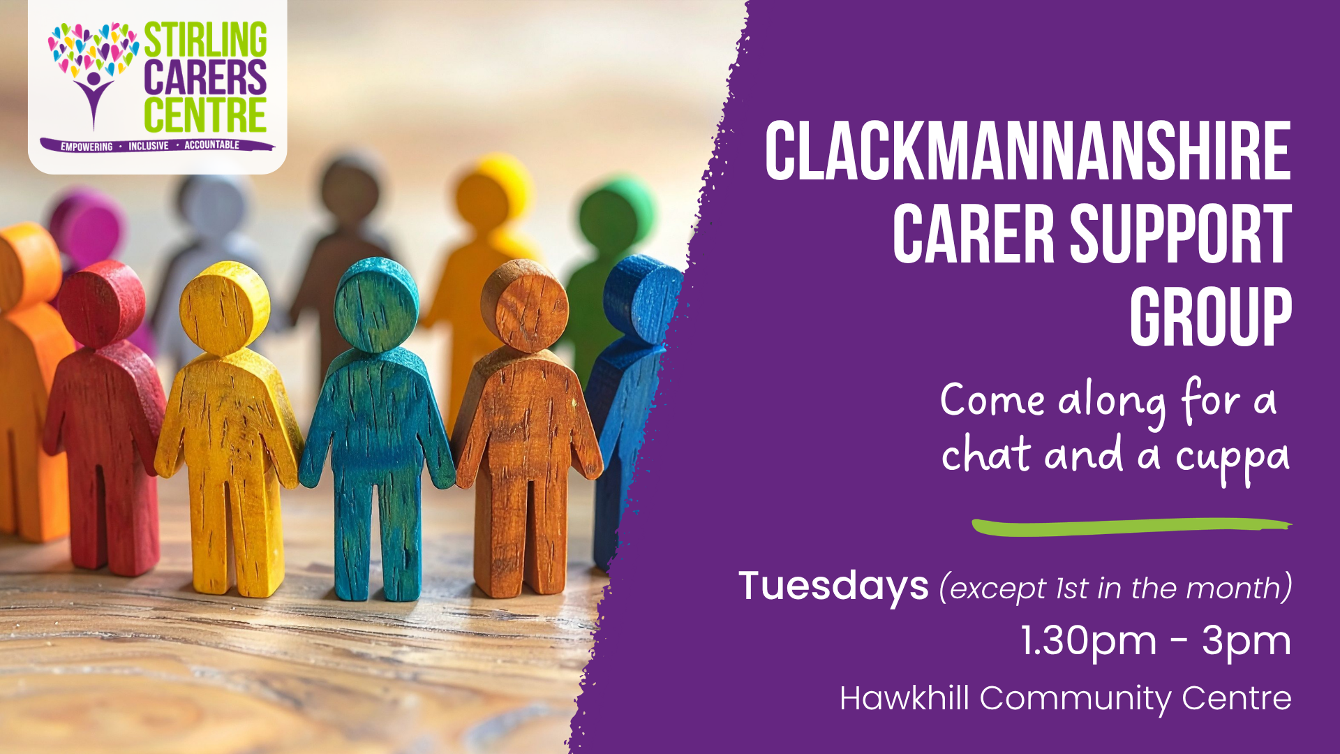 Several colourful wooden figures with speech bubbles and Clackmannanshire Carer Support Group event details on a purple background.