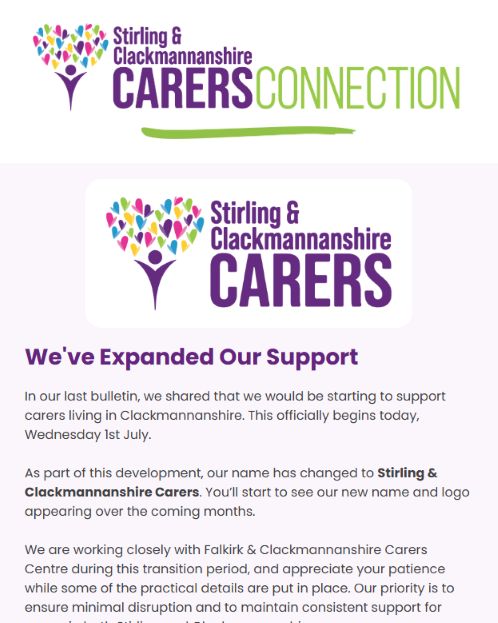 A newsletter titled Stirling & Clackmannanshire CARERS Connection features announcements about expanded support and new branding.