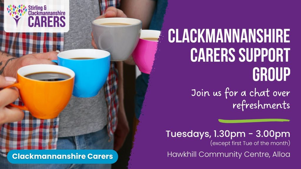 Four individuals holding brightly coloured mugs gather together to highlight a carers' support group event focused on conversation and refreshments.
