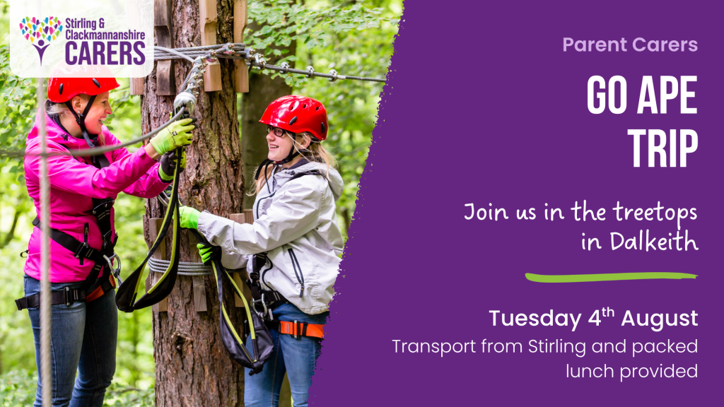 Two people in helmets and harnesses smile together in a forest with promotional text for a Go Ape treetop adventure trip.