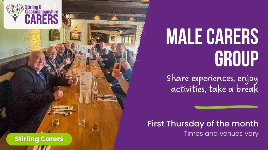 Several men sit together at a long restaurant table, smiling and raising their glasses, with visible event information for male carers.