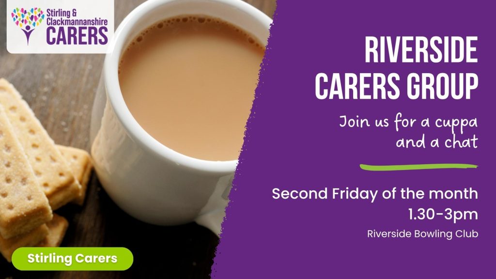 A cup of tea and biscuits is placed beside Riverside Carers Group event details on a purple background.