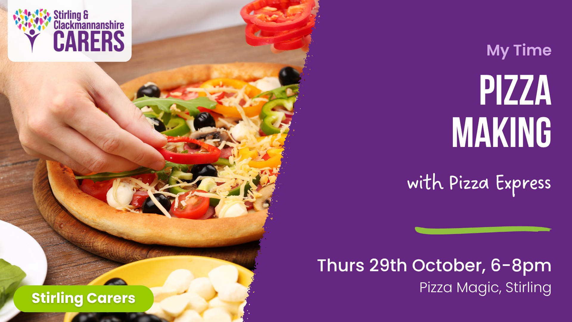 A hand sprinkles peppers onto a vibrant pizza with text announcing a pizza-making event for Stirling Carers.