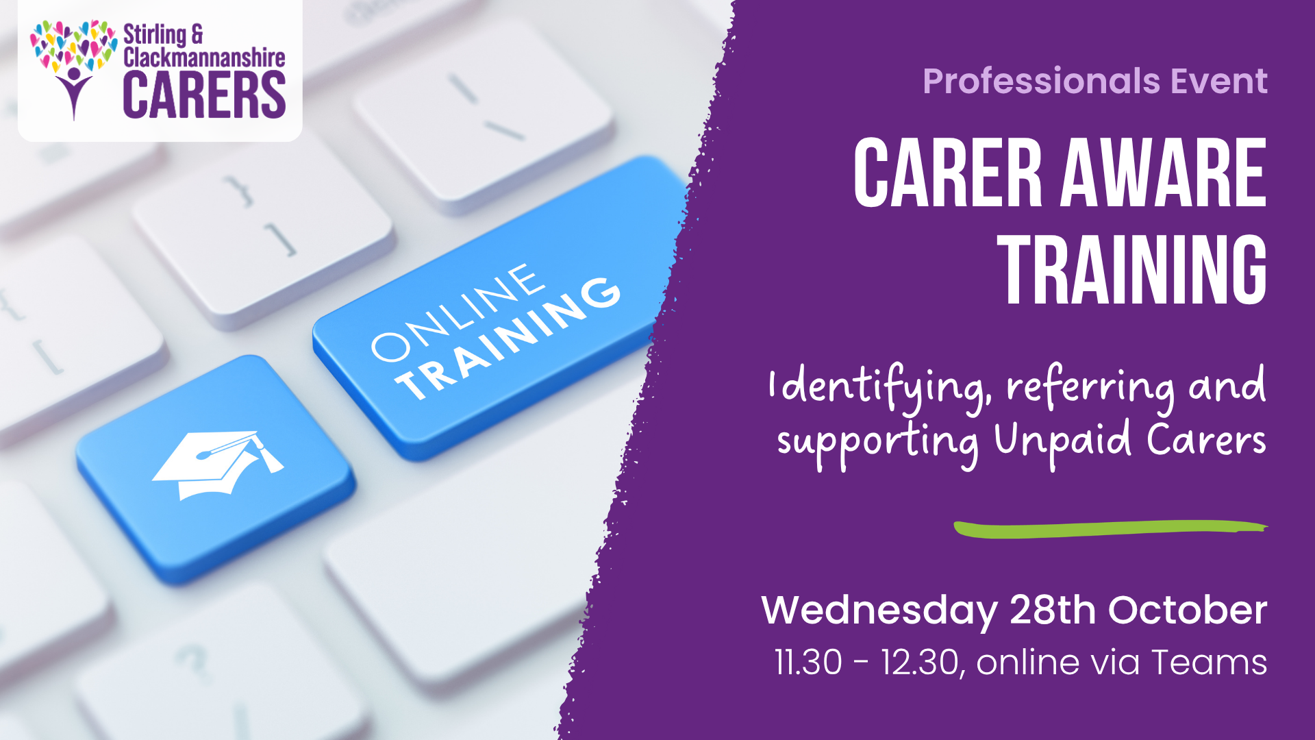 A purple banner displays Carer Aware Training event details next to a keyboard featuring keys that spell out ONLINE TRAINING. 28th October, 11.30-12.30pm.