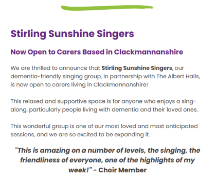 A flyer displays information about Stirling Sunshine Singers, a singing group for carers in Clackmannanshire, along with event details.