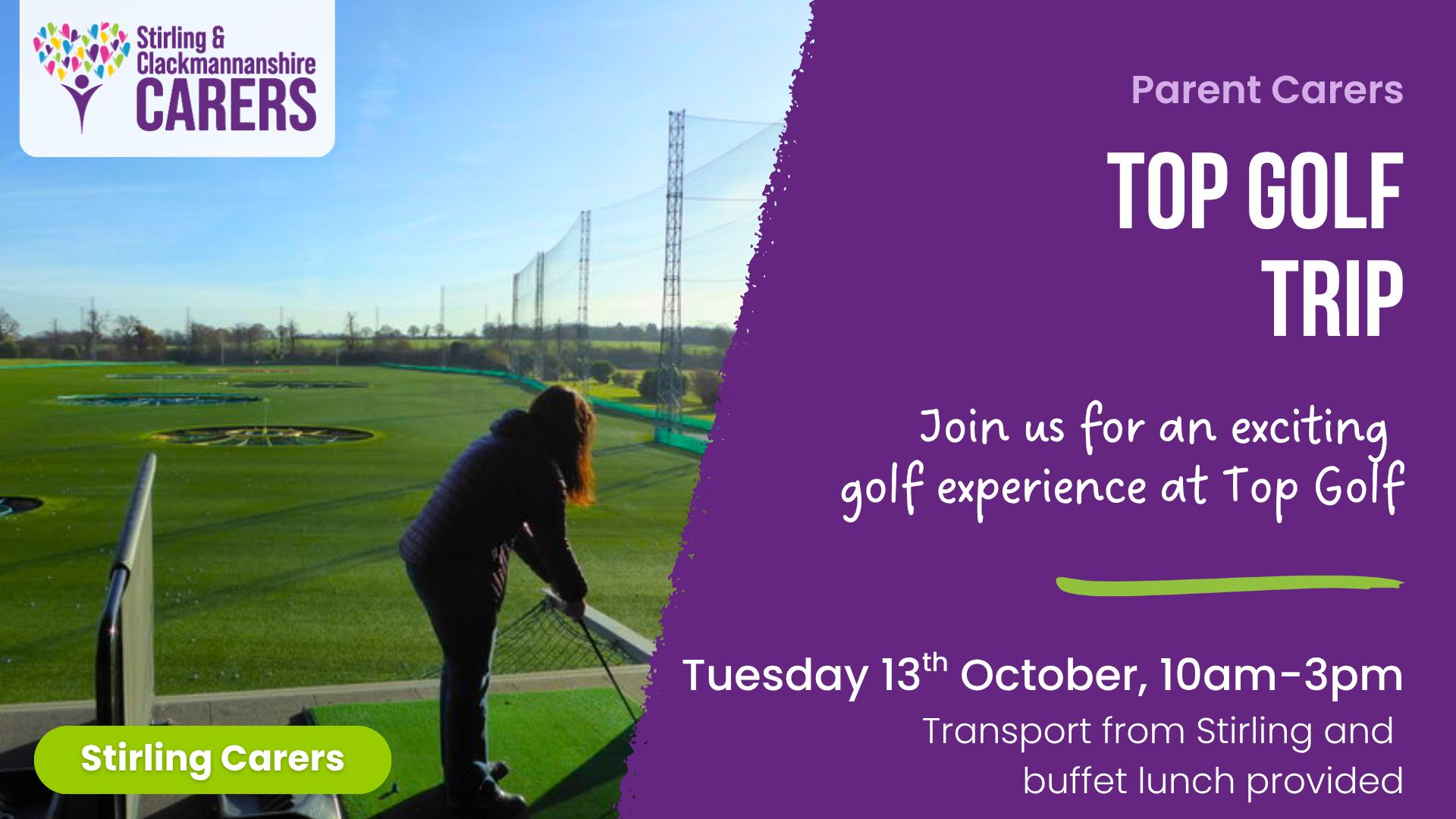 A person stands at a top golf driving range, with event details for a Topgolf trip on Tuesday, 13th October displayed.