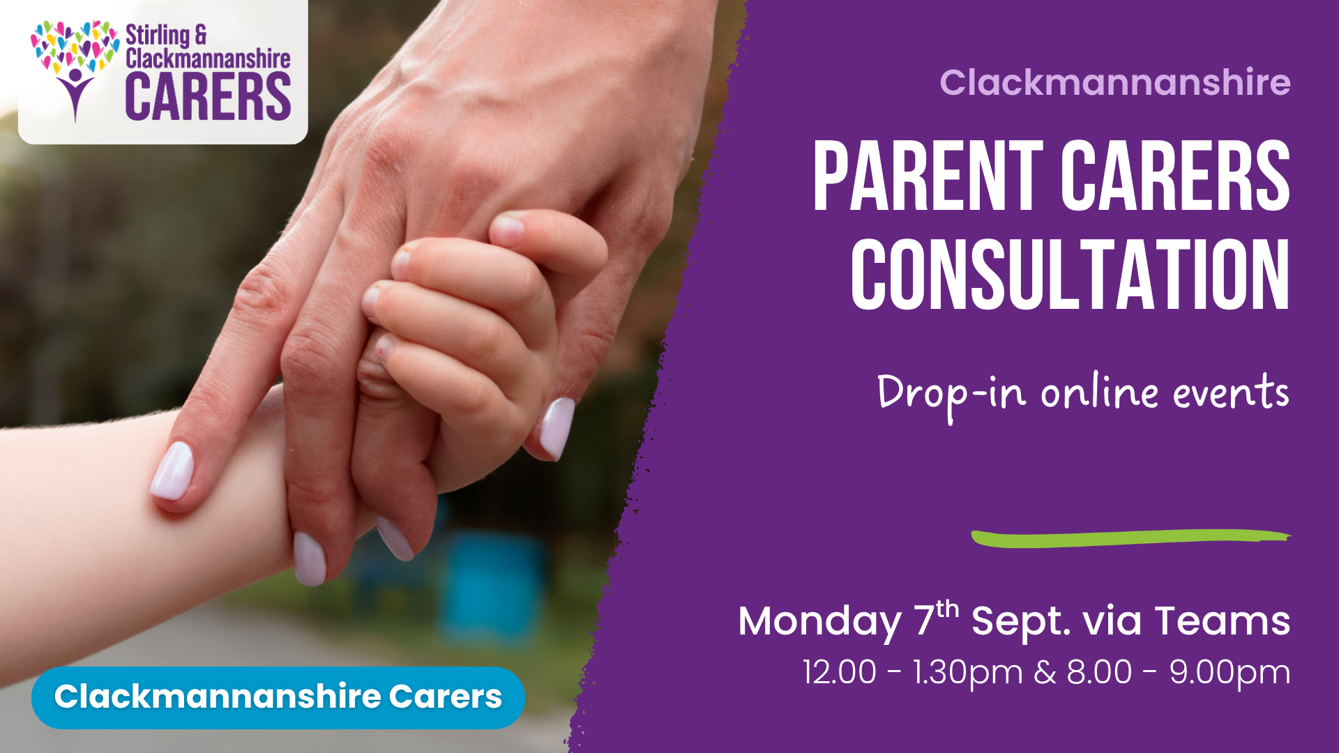Two hands are holding each other, with text on the image announcing Parent Carers Consultation online events happening Monday 7th September via Teams.