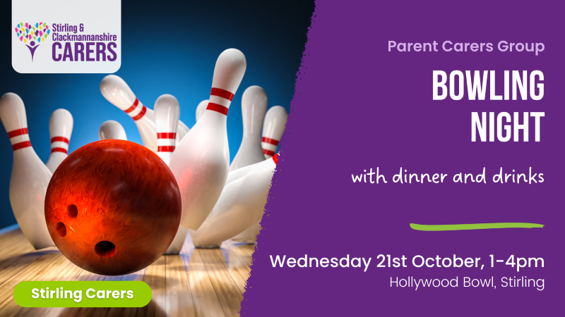 A bowling ball hits pins, with text promoting a parent carers' bowling night including dinner and drinks on 21 October.